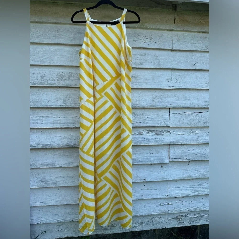 Luxeology yellow and white maxi dress crisscross, stripes, colorful, summer